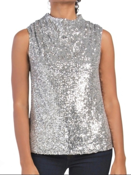 Cable & Gauge Tops - Cable & Gauge Sequin Mock Neck Tank in Silver & Gold Size Large Like New